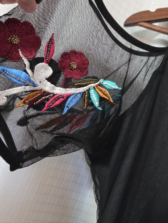 Kyra Tunic Black Cold Shoulder Large Embroidered Floral Tulle Whimsigoth Fairy - Picture 6 of 11